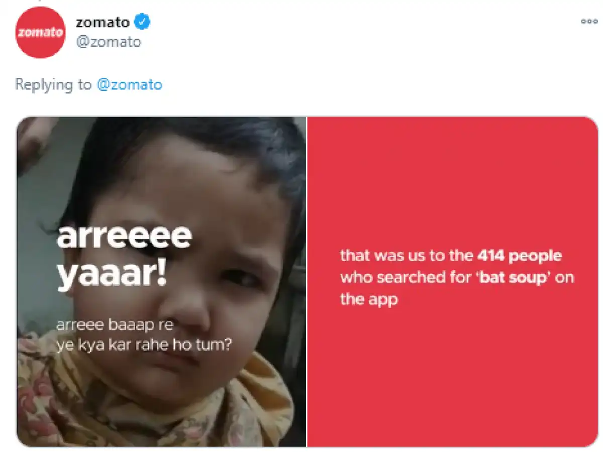 Zomato 'arreee yaaar' meme tweet replying to people who searched bat soup
